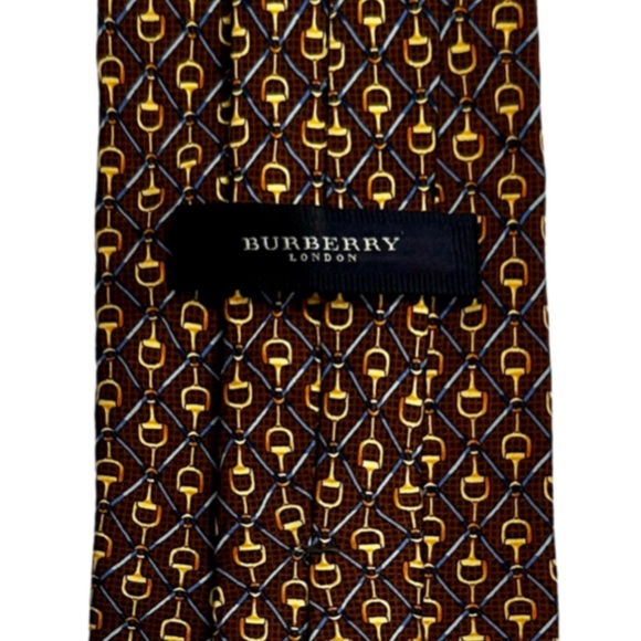 Burberry London Silk Tie Geometric Brown Gold Blue Made In Italy - Picture 3 of 9